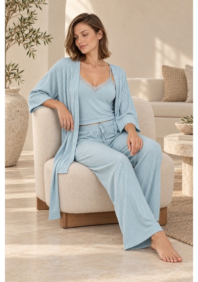 Loule Kadın Su Yeşili Çizgili Pamuk Sabahlıklı Pijama Takımı