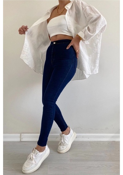 Dark Blue Yüksek Bel Skinny Fit Jean Likralı Önü Cepsiz Tayt Pantolon Dark Blue