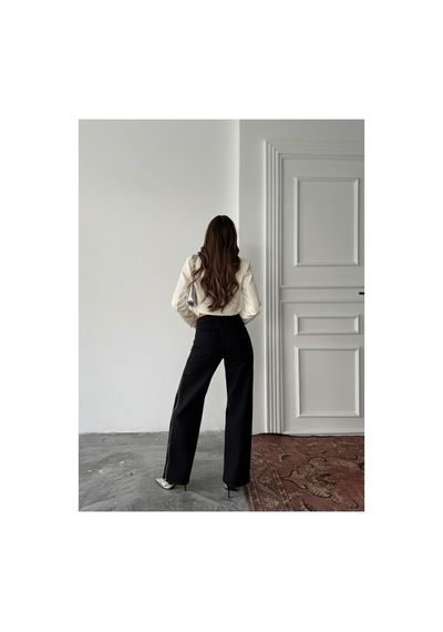 Blue Marlın Yan Fermuarlı Uzun Boyfriend Bol Paça Jeans Siyah