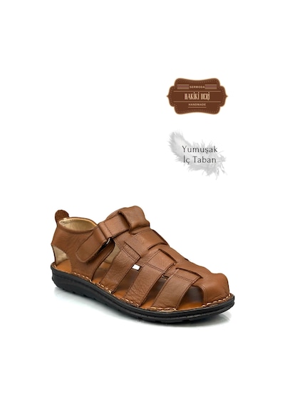 Sermoda Hakiki Deri Burnu Kapalı Erkek Sandalet Taba