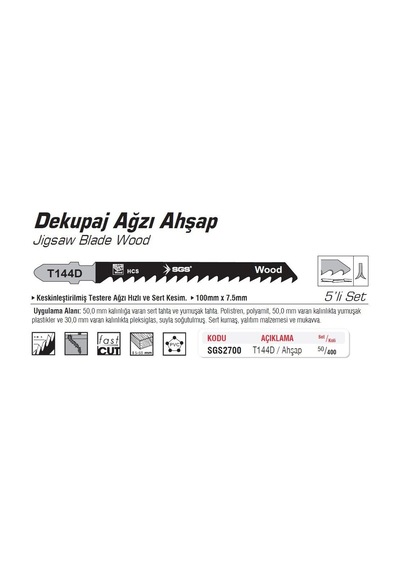 Sgs 2700 T144d Dekupaj Ağzı Ahşap Kesme Ucu 100mm X 7.5mm 5 Adet