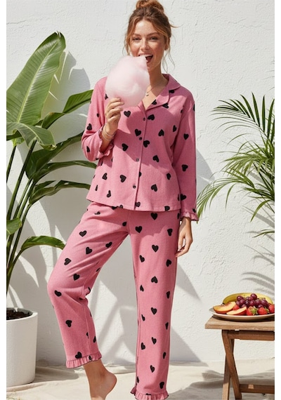 Siyah İnci Bürümcük-krınkıl Uzun Kollu Düğmeli Pijama Takım 7993 Pembe Siyah Kalp