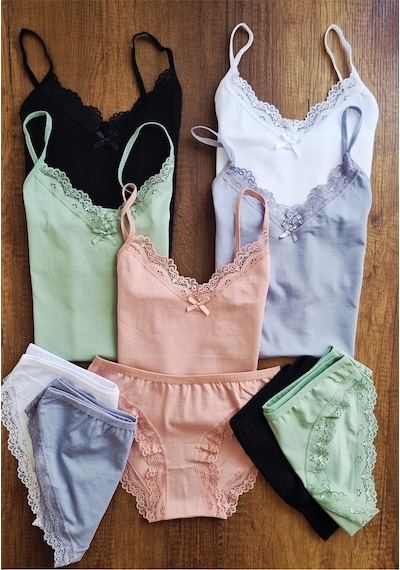 Demirsa Boutique Dantelli İp Askılı 5'li Pudra, Yeşil, Mavi, Siyah Ve Beyaz Renk Kadın Atlet Külot Takım Çok Renkli Demirsa Boutique Dantelli İp Askılı 5'li Pudra, Yeşil, Mavi, Siyah Ve Beyaz Renk Kadın Atlet Külot Takım Çok Renkli