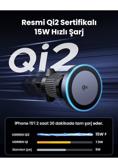 Ugreen Qi2 15w Magsafe Uyumlu Manyetik Kablosuz Şarjlı Araç İçi Telefon Tutucu, 35970