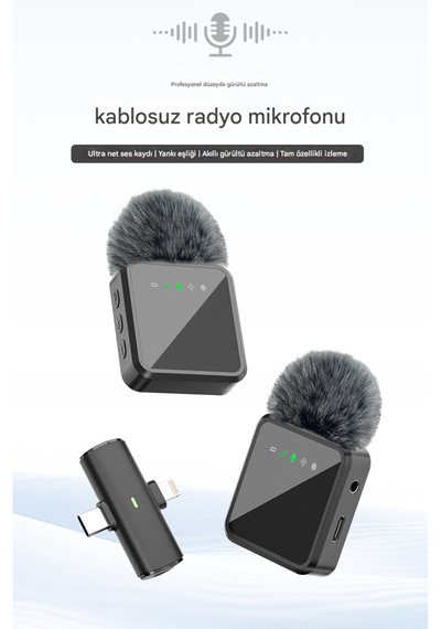 Kablosuz Tüylü Yaka Mikrofonu Apple iPhone Uyumlu  Type-c Pc Tablet Video Kayıt Vlog Lightning Usb-c Çıkış