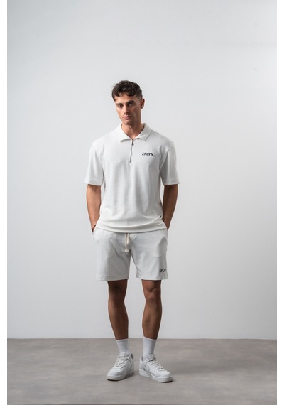 Erkek 2flyy Yazılı Yarım Fermuarlı Regular Fit T-shirt Şort Takım Ekru