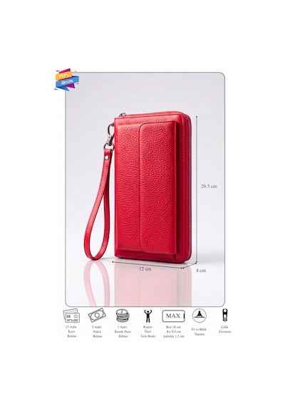 Vanilla Collection İsim Baskılı Kadın Deri El Portföyü Cüzdan Telefon Bölmeli Fermuarlı Kırmızı Çok Renkli