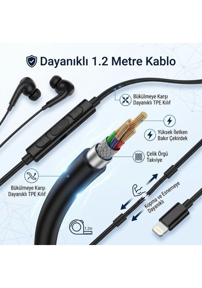 Dijital Mikrofonlu Kablolu Kulaklık Lightning Bağlantılı İphone & İpad Uyumlu Stereo Kulakiçi Kulaklık