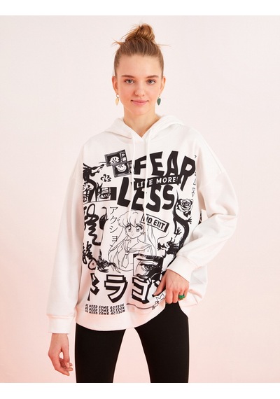 Koton Kapüşonlu Baskılı Sweatshirt Ekru 2sal10463ık