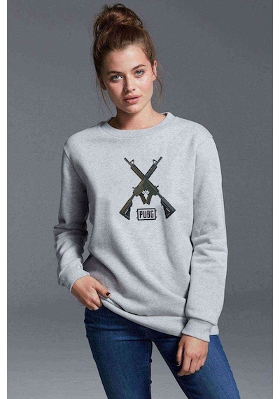 Pubg M416 Silah Baskılı Gri Kadın Sweatshirt