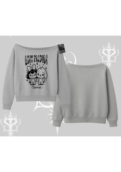 Startmore Kayık Yaka Sweatshirt Best Friends Forever Baskılı Sevimli Tasarım Gri
