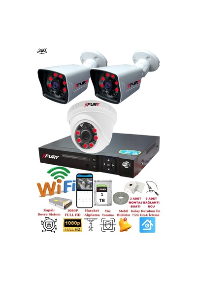 Fury 3 Kameralı 5mp 3.6mm Lens 2mp Görüntü 6 Atom Led Gece Görüşlü Fullhd Güvenlik Kamera 5525di1tb