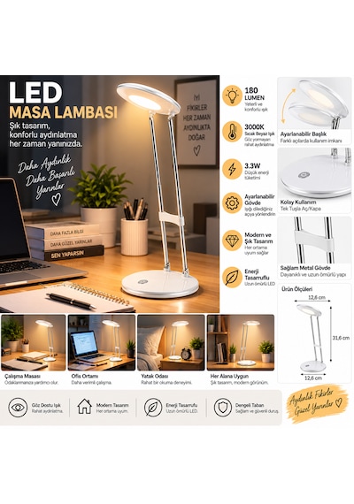 Led Masa Lambası 3.3w 180 Lumen 3000k Sıcak Beyaz Ayarlanabilir Başlıklı Çalışma Ve Ders Lambası