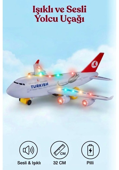 Işıklı Ve Sesli Thy Yolcu Uçağı İniş Takımı Model Kuyruklu 32 Cm Kaliteli Eğlenceli Oyuncak Uçak