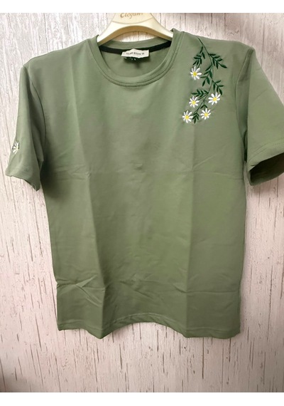 Yubistitch Tshirt Nakış İşlemeli Çiçek 6--yeşil