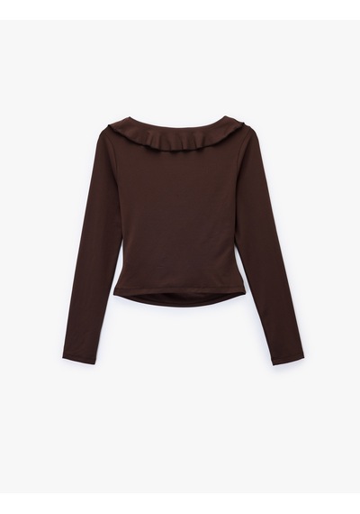 Koton Fırfır Detaylı Uzun Kollu Slim Fit V Yaka Tişört Kahverengi 6wal10543ık Kahve