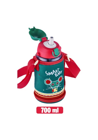 700 Ml Büyük Boy Kılıflı 2 Ayrı Kapaklı Pipetli / Pipetsiz Tritan Su Matarası Kırmızı-yeşil