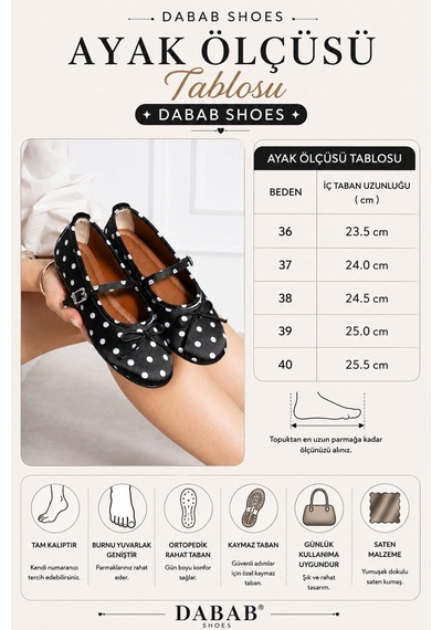 Dabab Shoes Penelop Kadın Siyah Saten Puantiyeli Fiyonk Detaylı Ayarlanabilir Tokalı Ortopedik Taban Mary Jane Babet Ayakkabı