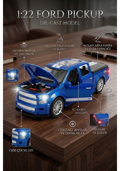 1:22 Ölçek Metal Ford Pickup Model Araba - Sesli, Işıklı Ve Çek Bırak Off-road Oyuncak Arazi Aracı Çok Renkli