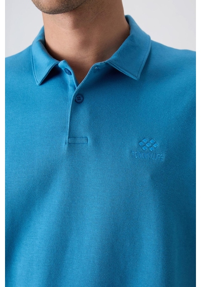 Tommy Life Petrol Mavi Pamuklu Kalın Yumuşak Dokulu Oversize Fit Basic Polo Yaka Erkek T-shirt - 88327 Petrol Mavi