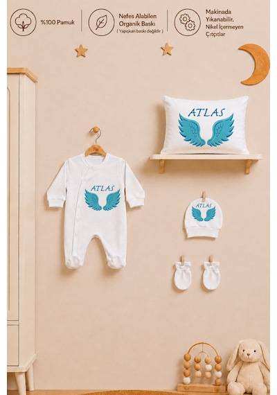 Pia Baby Erkek Bebek Hastane Çıkışı Tulum Seti %100 Pamuk İsimli Organik Baskı Yastık Kılıfı Ve Battaniye 2017tyb0x Ekru