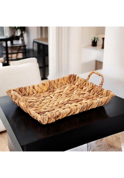 El Yapımı Su Sümbülü Hasır Kulplu Dekoratif Tepsi Büyük Boy 32cm 25cm 4cm