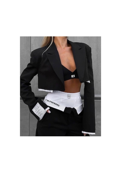 Mayrem Kadın Detaylı Crop Blazer Ceket Ve Geniş Paça Pantolon Takımı Siyah