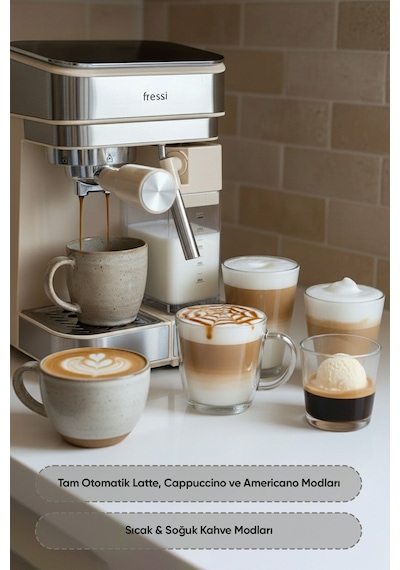 Fressi Espresso Latte Cappuccino Kahve Makinesi Otomatik Süt Tanklı 20bar Basınçlı Lavante Krem 4506