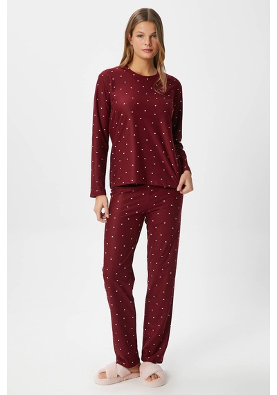 Ritnice Kadın Ely Premium Bisiklet Yaka Bordo Kalp Süet Doku Yılbaşı Pijama Takımı Bordo