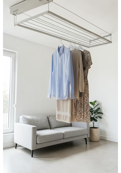 Askur Tavana Monte Asansörlü Çamaşır Askılığı 70x100 Cm 6 Askı İpi Beyaz