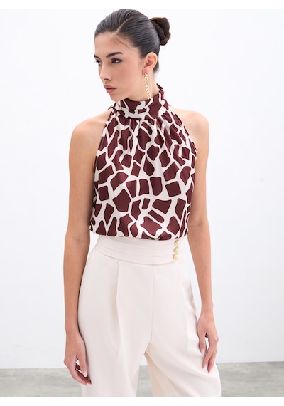 Sateen Boğazlı Kolsuz Bluz - Bej-kahve-135949 Bej-kahve