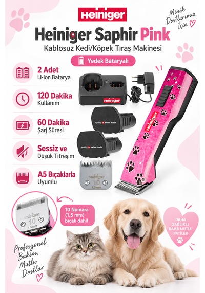 Heiniger Saphir Pink Kablosuz Kedi/köpek Tıraş Makinesi Yedek Bataryalı