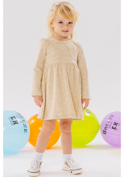 Breeze Kız Çocuk Uzun Kollu Elbise Cepli Çiçek Desenli 1.5-5 Yaş, Krem-krem Krem