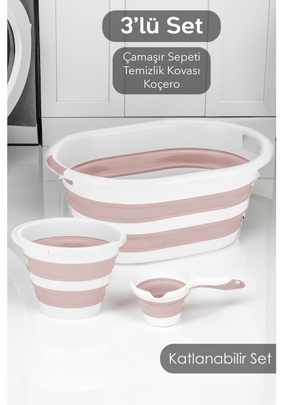 3'lü Temizlik Seti - Katlanır Sele Çamaşır Sepeti-katlanabilir Su Kovası - Koçero Maşrapa Soft Pembe