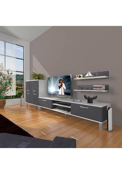 Decoraktiv Eko On Mdf Dvd Krom Ayaklı Tv Ünitesi Tv Sehpası Beyaz - Antrasit