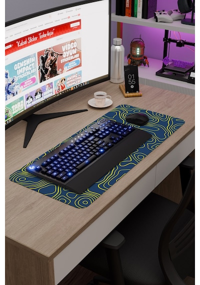 Sarı Lacivert 70x30 Xl Taraftar Gaming Oyuncu Mouse Pad Kaymaz Taban Büyük Fare Altlığı Topography