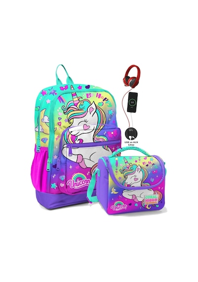 Coral High Okul Çantası Ve Termal Beslenme Çanta Seti - Kız Çocuk Lavanta Unicorn Usb Ve Aux Çıkışlı