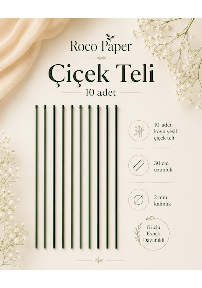 Pvc Plastik Kaplı Yeşil Çiçek Teli 2 Mm - 30 Cm, 10 Adet Bitki Sabitleme, Hobi Ve Aranjman Teli Koyu Yeşil