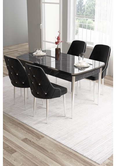 Canisa Tia Serisi, Siyah Mermer Desen 80x132 Açılabilir Mdf Yemek Odası Takımı 4 Siyah Sandalye Gümüş Detay Masa Siyah Mermer Desen Sandalye Siyah Canisa Tia Serisi, Siyah Mermer Desen 80x132 Açılabilir Mdf Yemek Odası Takımı 4 Siyah Sandalye Gümüş Detay Masa Siyah Mermer Desen Sandalye Siyah