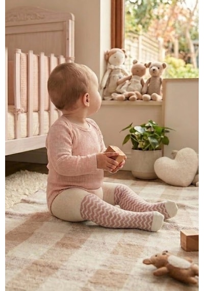 Cocole Socks Kız Bebek Külotlu Çorabı 3'lü Set Pamuklu Zigzag 0-24 Ay Çok Renkli