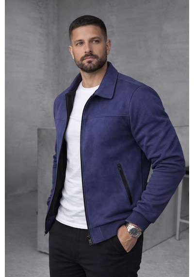 Baselco Basic Slim Fit Polo Yaka Süet Ceket Lacivert
