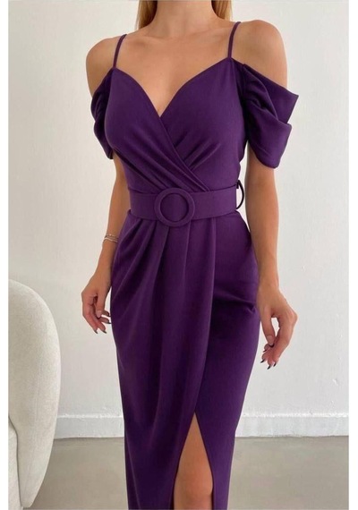 Lior Design Kadın Trend Krep Kumaş V Yaka Yırtmaçlı Abiye Elbise Mor
