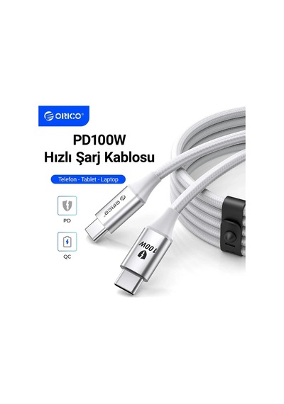 Orico CDX-100CC-WH-BP 100W 5A PD USB-C to USB-C Hızlı Şarj ve Data Kablosu 1 M