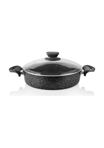 Diez 26 Cm Granit Basık Tencere Siyah Yapışmaz Karnıyarık & Pilav Tenceresi Cam Kapaklı