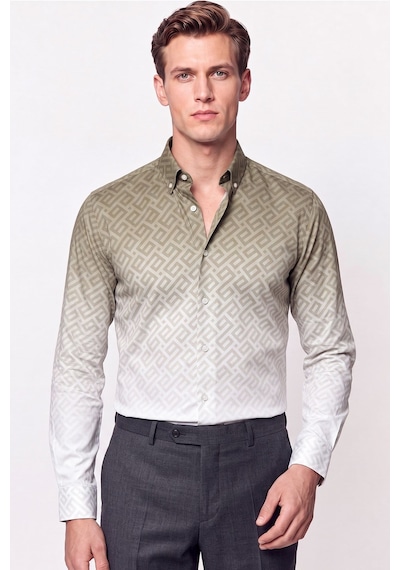 Slim Fit Düğme Yaka Desenli Haki Gömlek G 1611