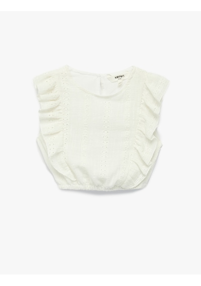Koton Kolsuz Brodeli Beli Lastikli Bisiklet Yaka Crop Bluz Beyaz 6skg60151aw Beyaz