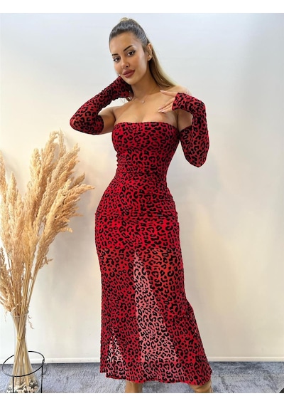 Pink Life Kırmızı Tül Üzeri Flog Baskılı Leopar Desenli Koll Kırmızı