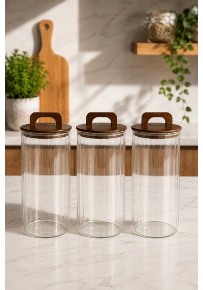 Aria- 3'lü Borosilikat Bambu Kapaklı Kavanoz 1300 Ml Çizgili Kahverengi