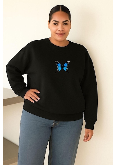 Benroma 3 İplik Penye Kelebek Baskılı Büyük Beden Unisex Sweatshırt Siyah