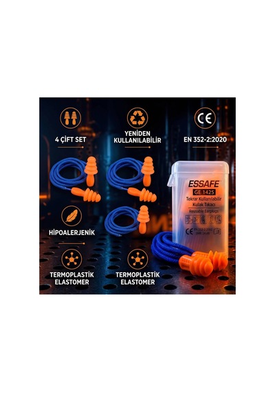 Essafe Ge 1425 Tekrar Kullanılabilir İpli Kulak Tıkacı 4 Çift